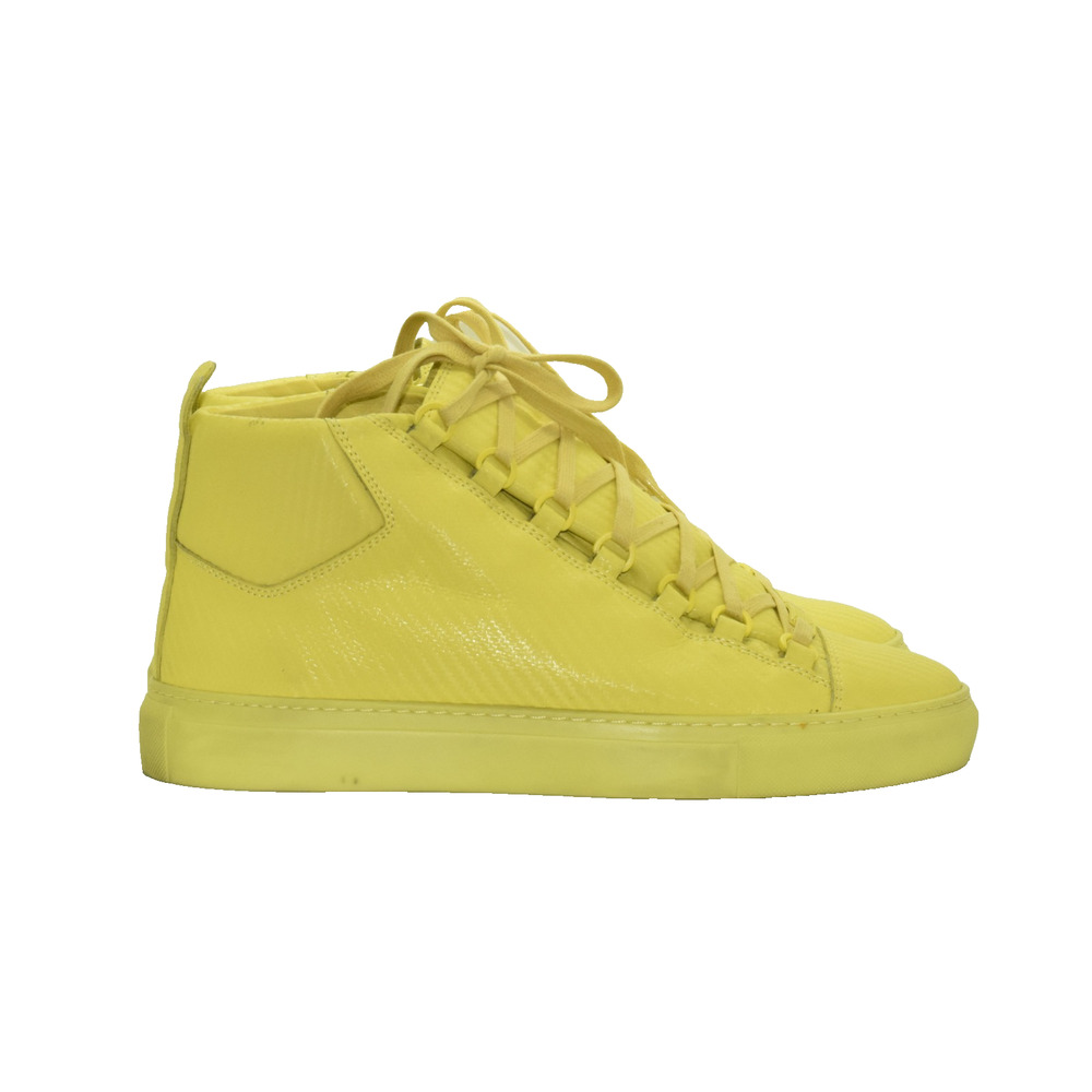 F5 Auth BALENCIAGA Arena Yellow Leather Hi Top Trainer Shoes 412381 Size 40 US 7 - Picture 2 of 9